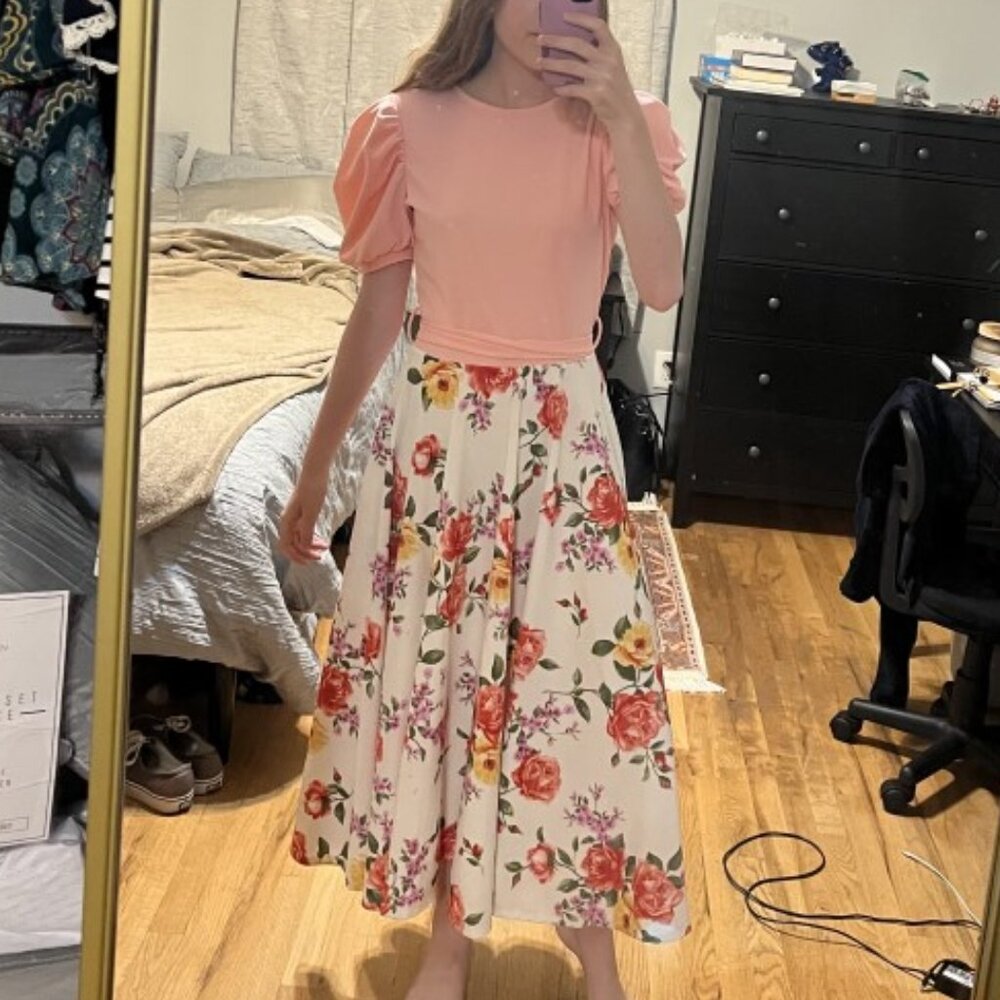 Puff sleeve pink floral dress with flounce skirt and tie belt